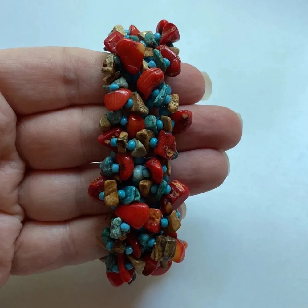 Turquoise‎ Tiger’s Eye Red Jasper Stretch Bracelet Chunky Stone Bracelet - Image 2