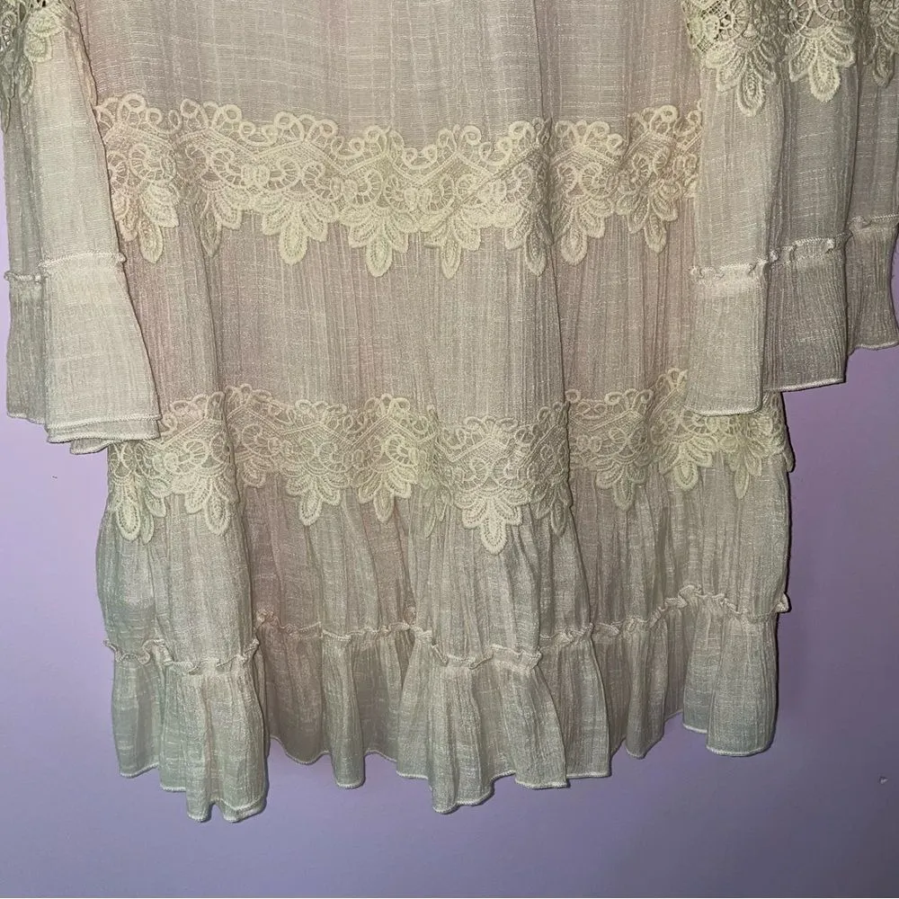 Indigo Soul M Blouse Tiered Gauzy High Neck Flounce Tan Cream - Image 7