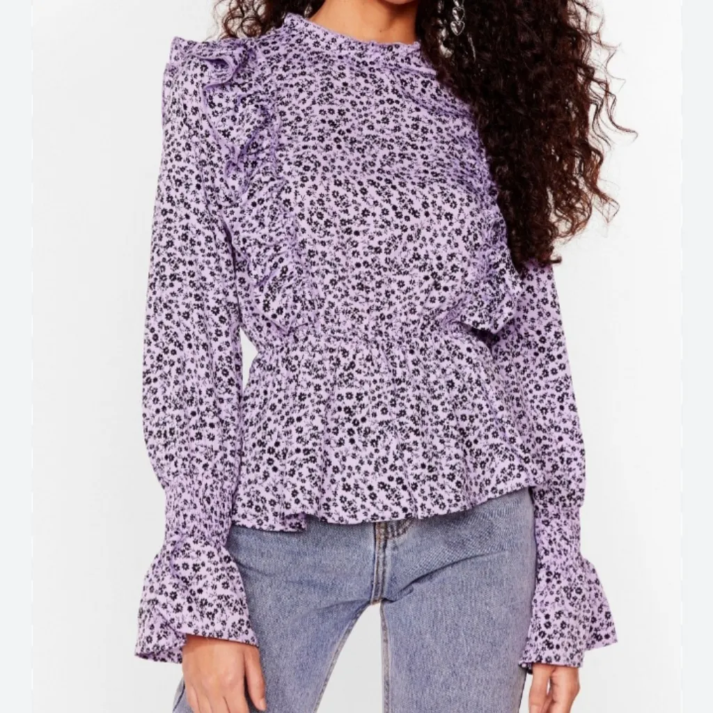 Influence ruffle blouse. Size 14. Purple with black floral print - Image 3