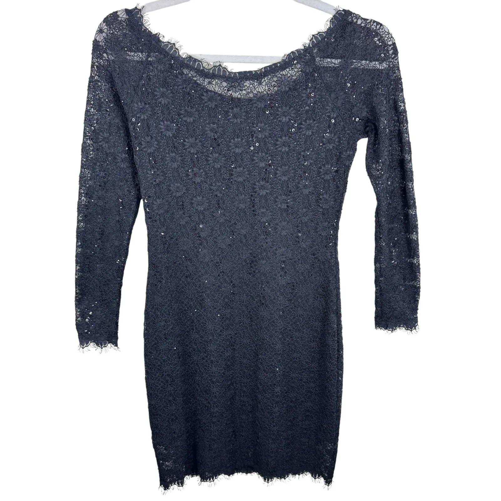 Onyx Nite Black Sequin Lace Long Sleeve Knee Length Lined Stretch Dress Size 14 - Image 2