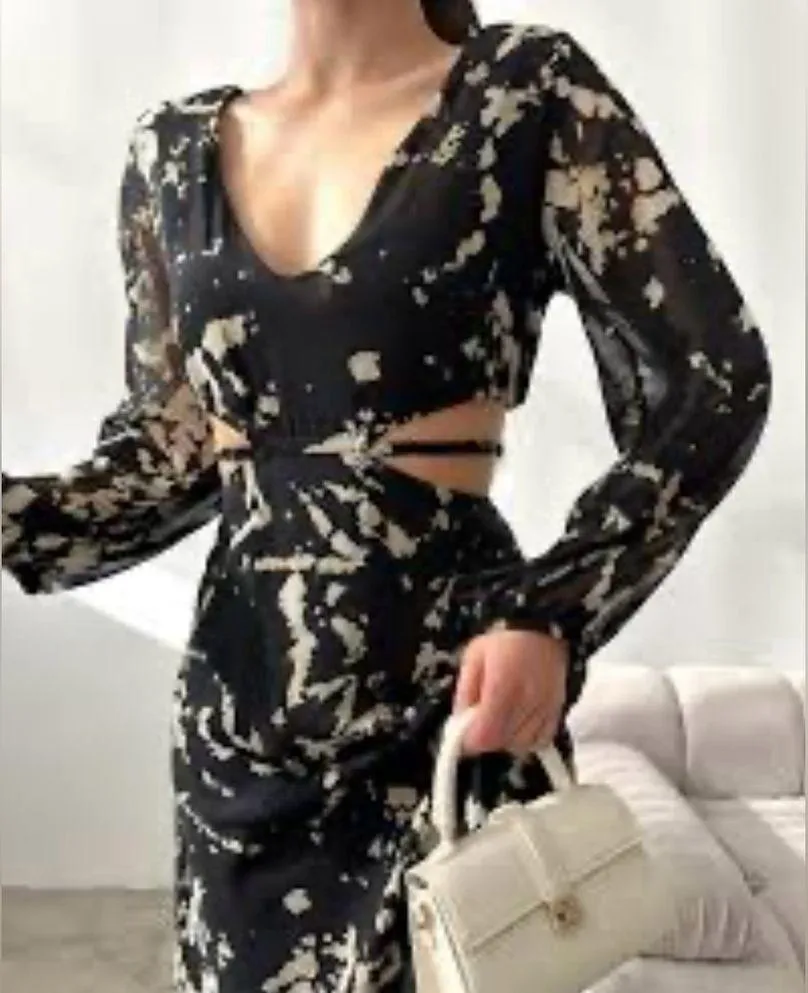 NEW ZARA Abstract Printed Midi Maxi Dress Sz XS Cutout Waist - Image 2