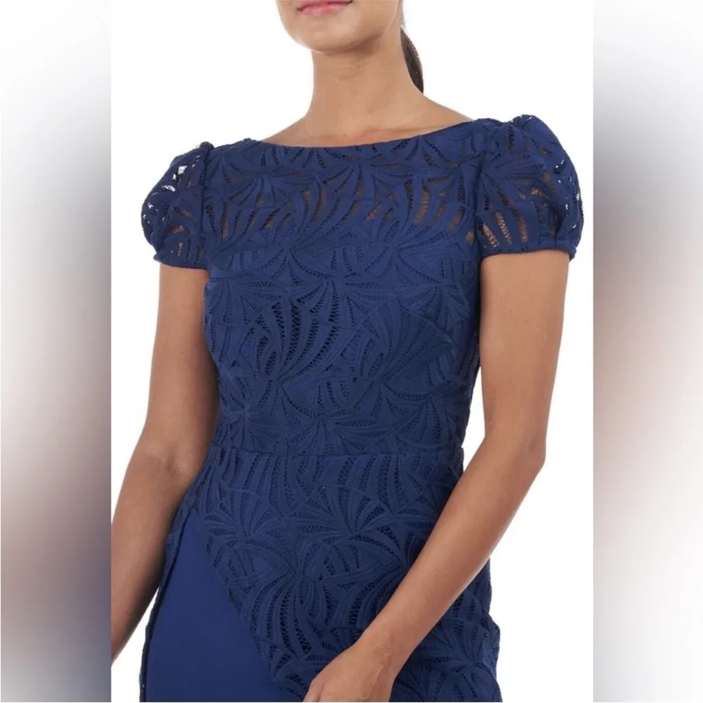 $328 Kay Unger Women's Blue Puff-Sleeve Sheath Zelda Lace Midi Dress Size 2 - Image 3