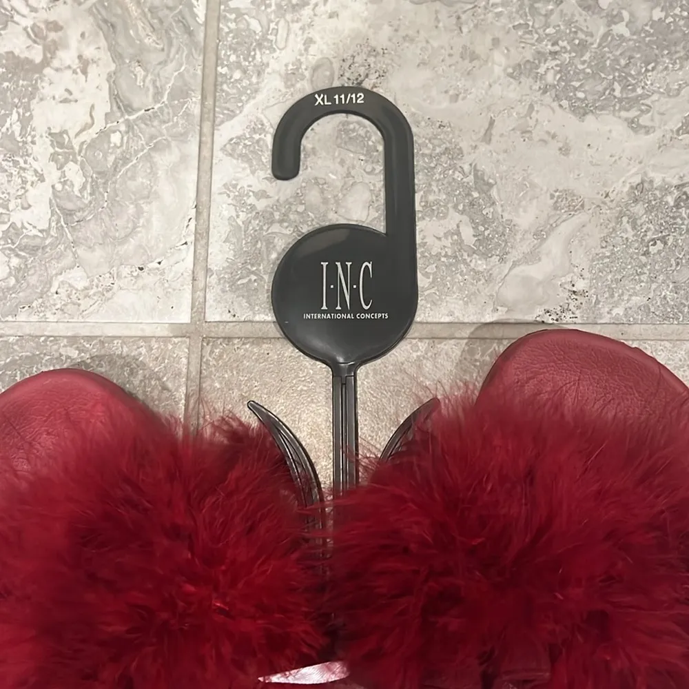 INC Faux-Marabou Slide Slippers in Red, Size XL 11/12 New w/Tag - Image 5