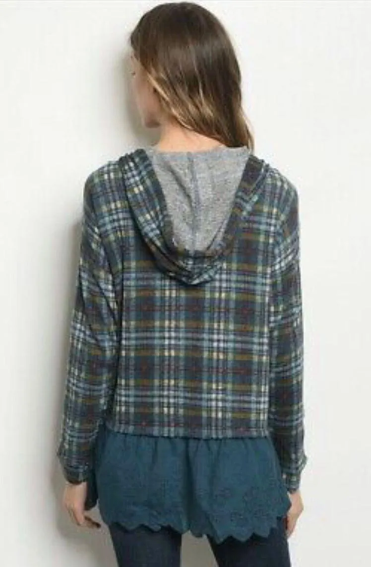 NWT Sz L Annabelle Plaid Long Sleeve Hooded Tunic Top - Image 2