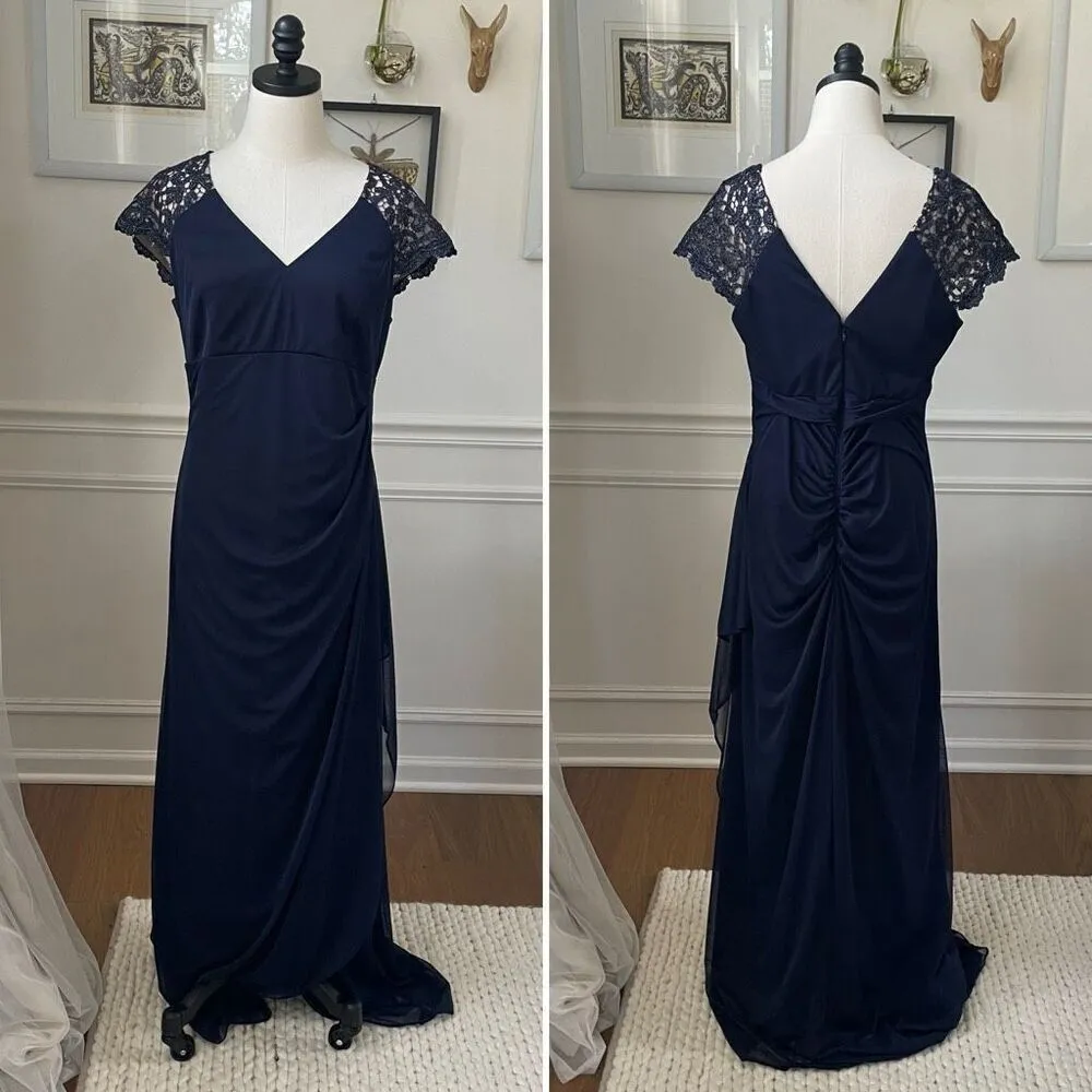DJ Jaz Navy Dark Blue Lace Cap Sleeve Formal Gown Dress 14 Blue - Image 2