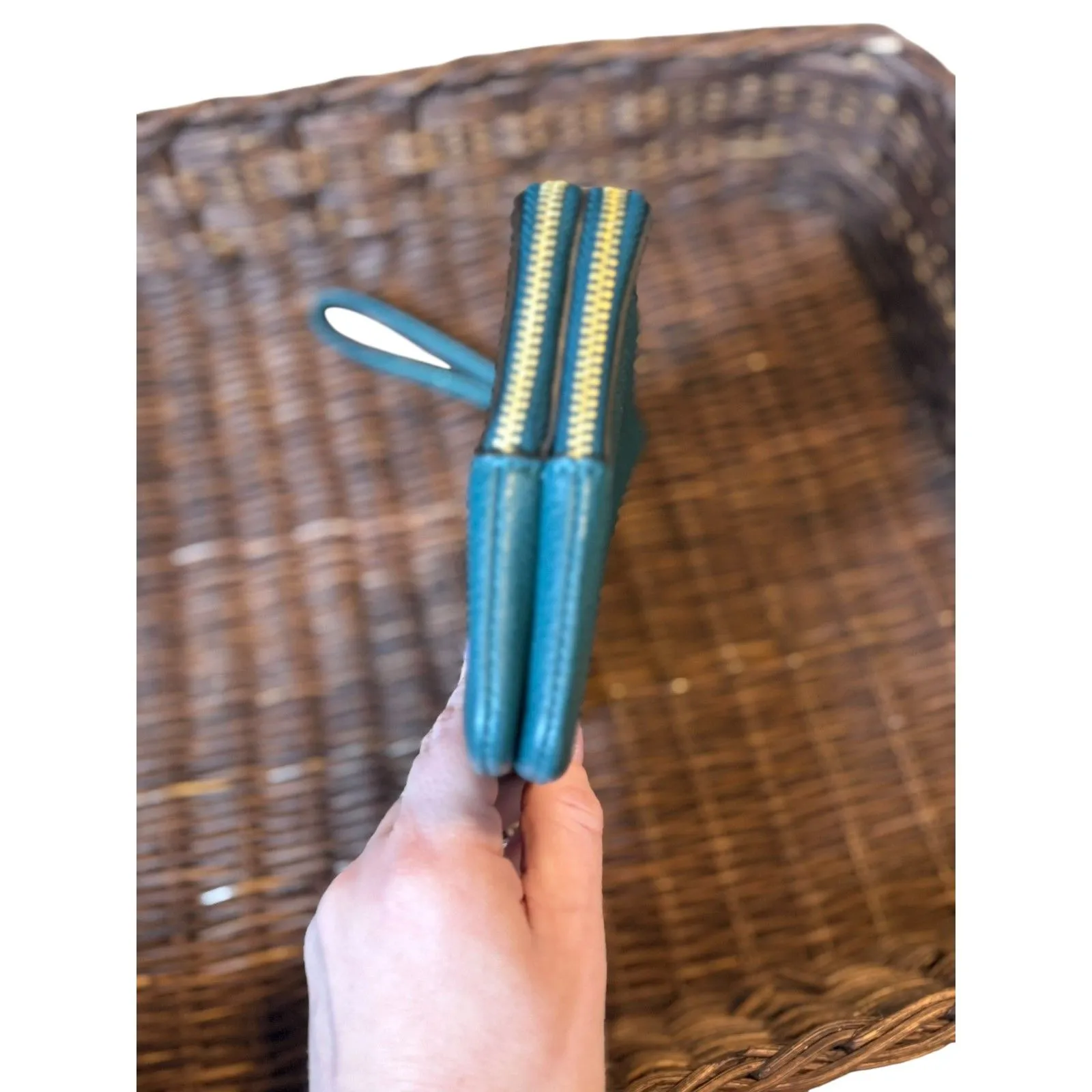 Coach Dempsey Teal Pebble Leather Double Zip Wristlet with Gold Hardware - Image 12