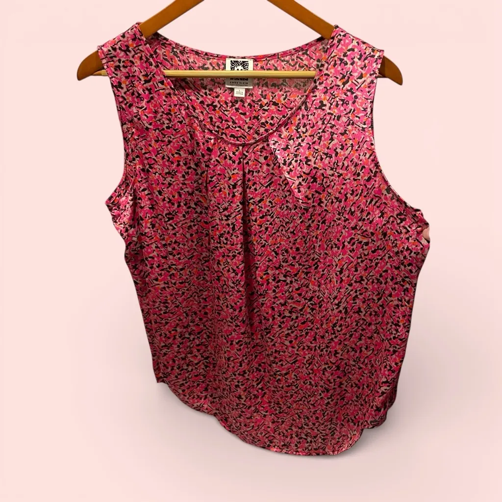 Cute Anne Klein silky pleated collar pink blush confetti sleeveless blouse - Image 2