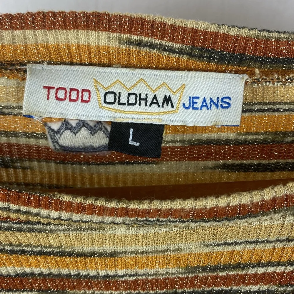 Todd Oldham Cream Orange & Red Striped Metallic Long Sleeve Crewneck Tee Shirt L Tan Size L - Image 4