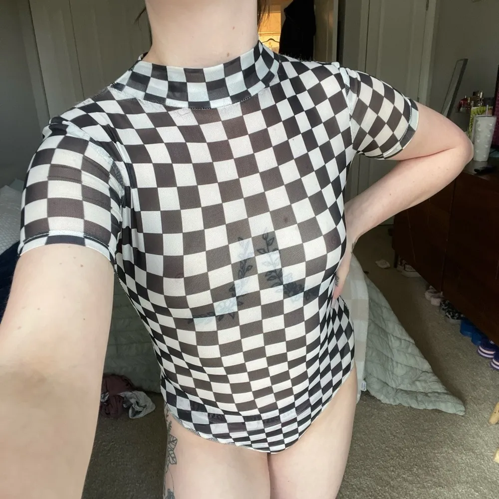Black & White Checkered Mesh Bodysuit - Image 3
