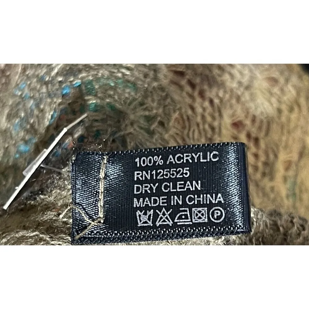 New Knit Scarf Poms Floral Burgundy Blue Tan Rectangle 19" X 68" - Image 5