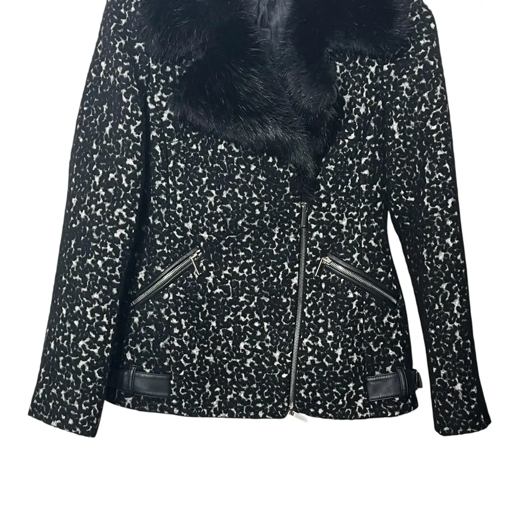 Karen Millen Wool Blend Coat Women’s US 4 Black White Faux Fur Collar Zip Moto - Image 4