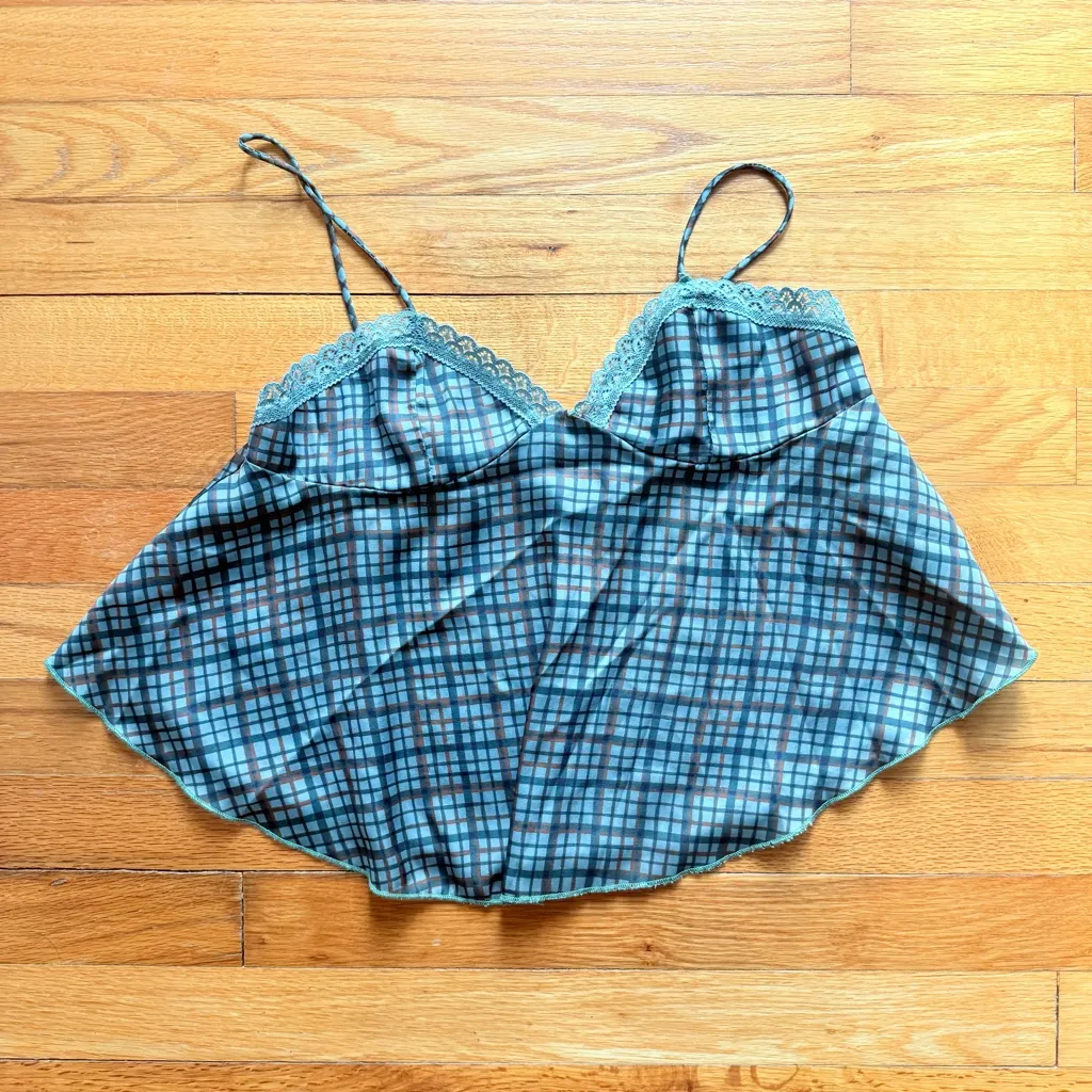 Free People Intimately Confidence Tank Top Camisole Green Plaid Satin XS - Image 4