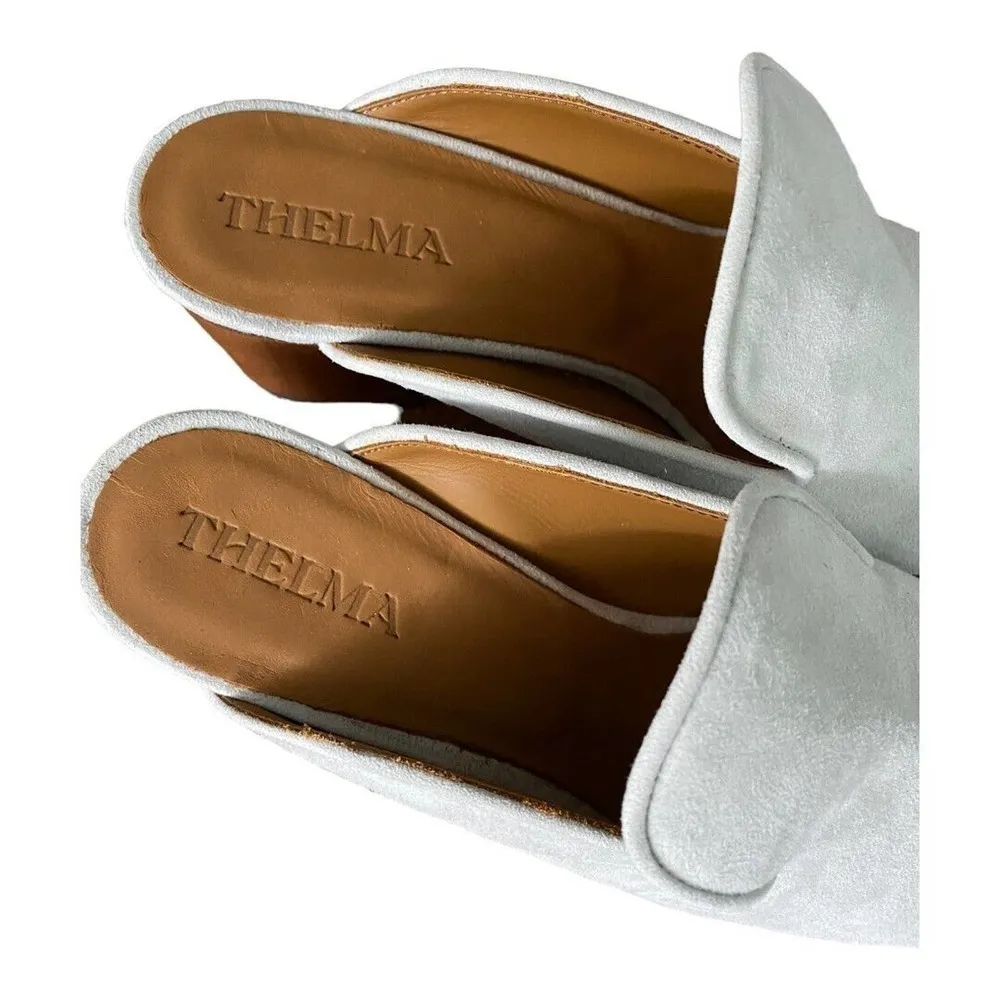 Anthro Thelma Ava Mule Sandals White Suede Leather Block Heel Pointed Slip On 39 - Image 5