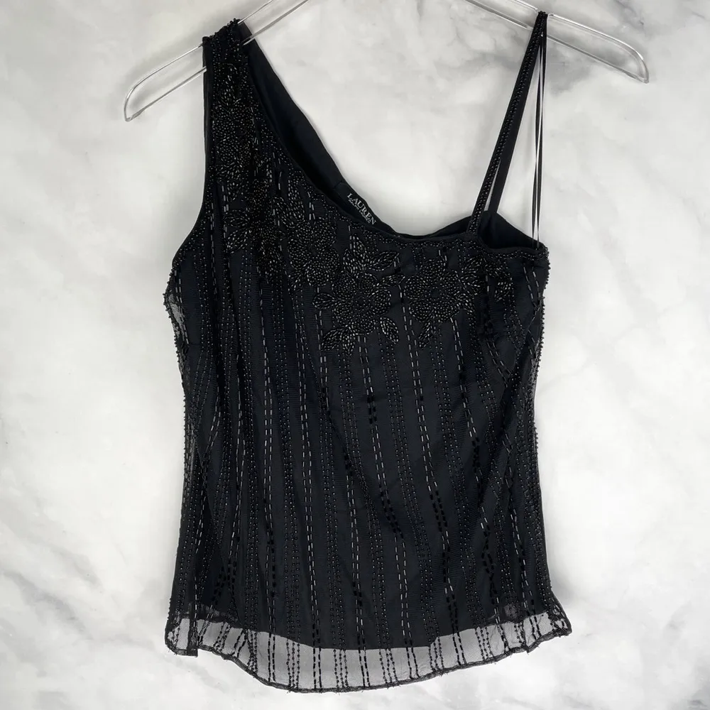 NWT Ralph Lauren Beaded Mesh One Shoulder Camisole Top Floral Glam Party Black S - Image 4