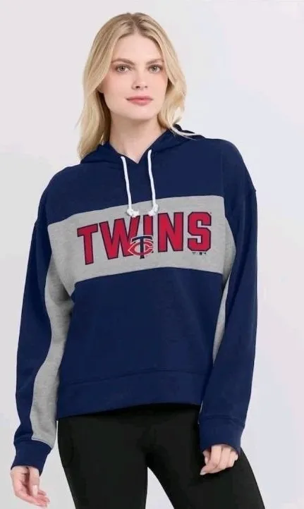 Women Minnesota Twins Baseball Navy Stripe Logo Pullover Hoodie Sweatshirt LARGE - Image 1