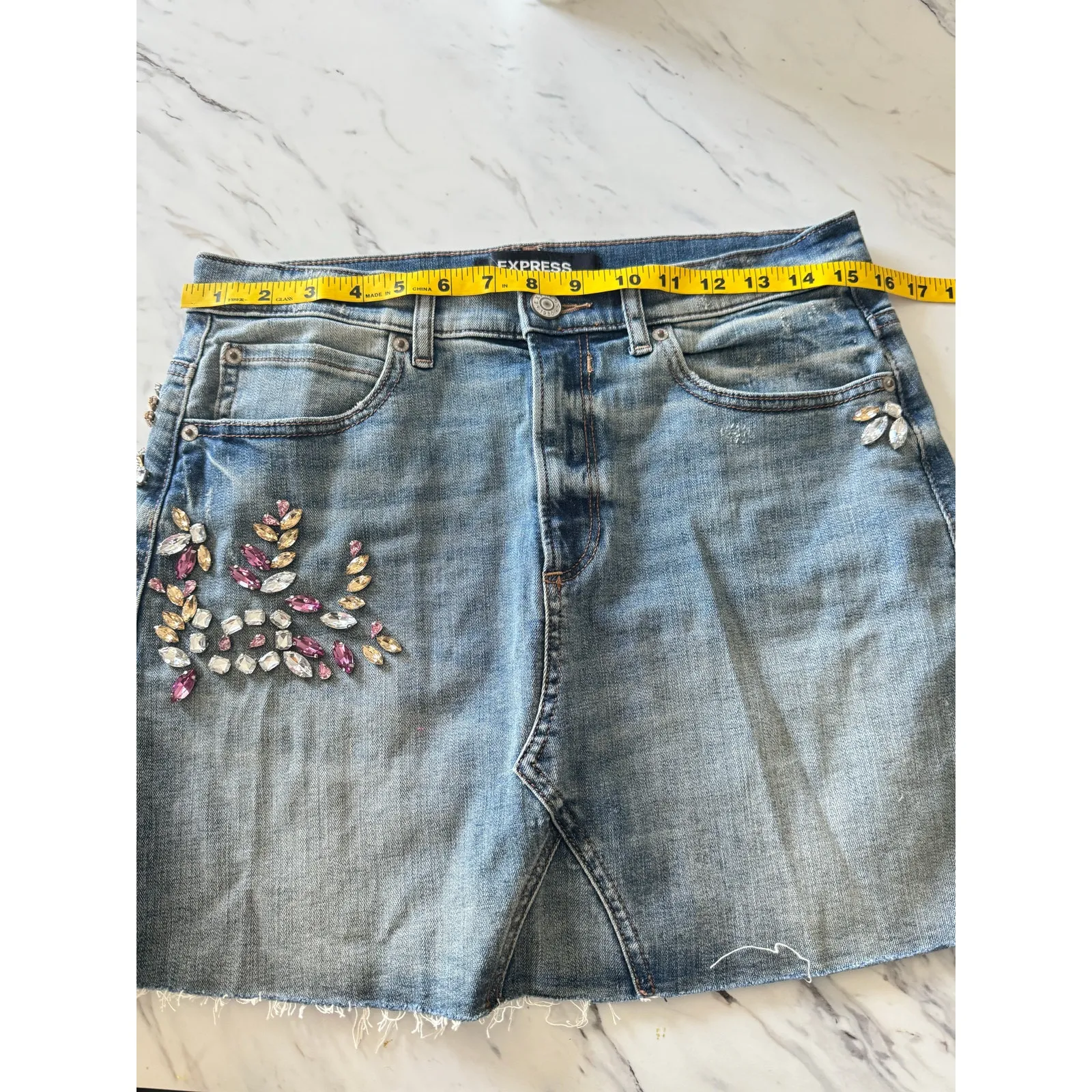 Express Women’s Size 6 Embellished Denim Mini Skirt y2k Glam Bejeweled Festival - Image 7
