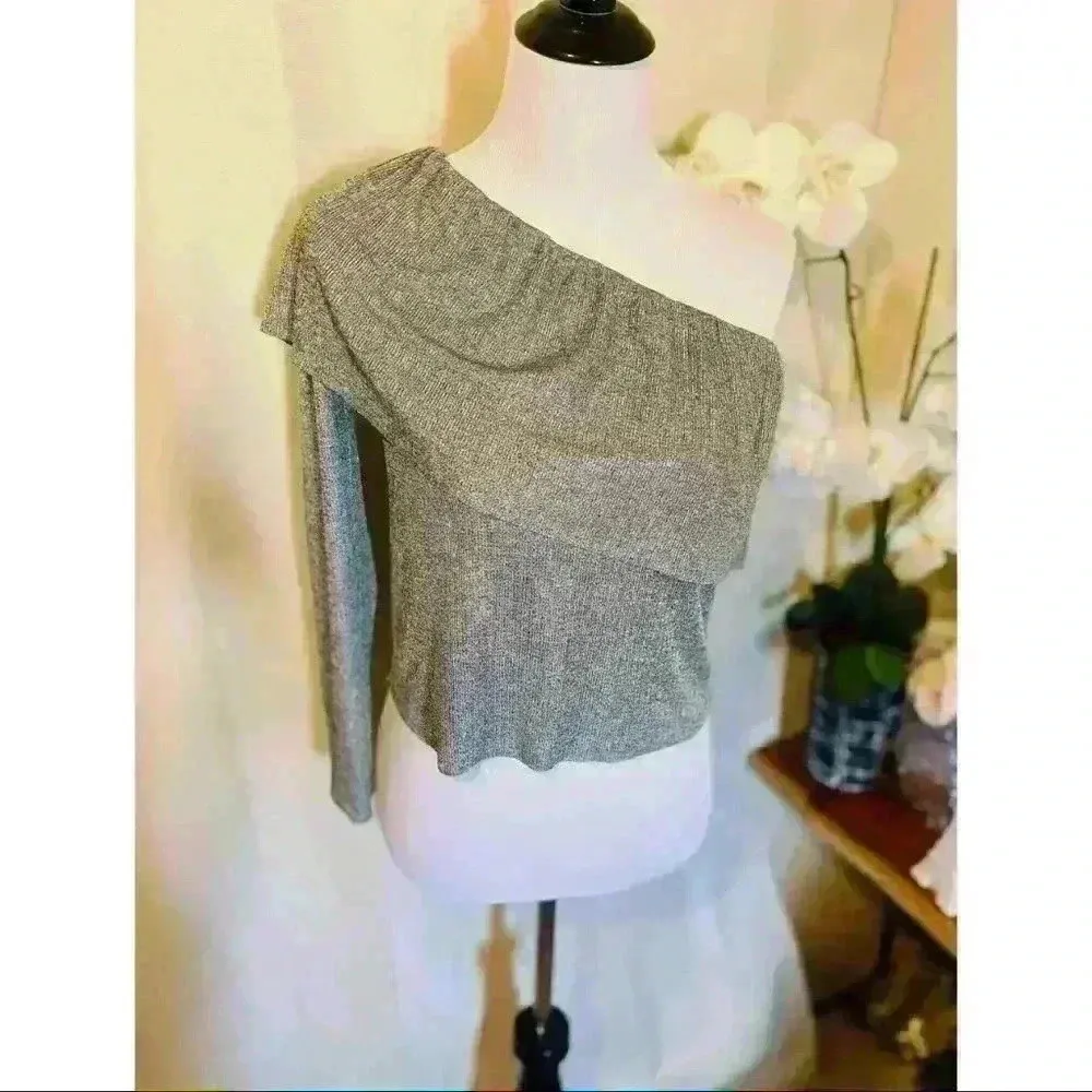 One Shoulder Sparkly Grey Long Sleeve Top by Zara Gray - Image 3
