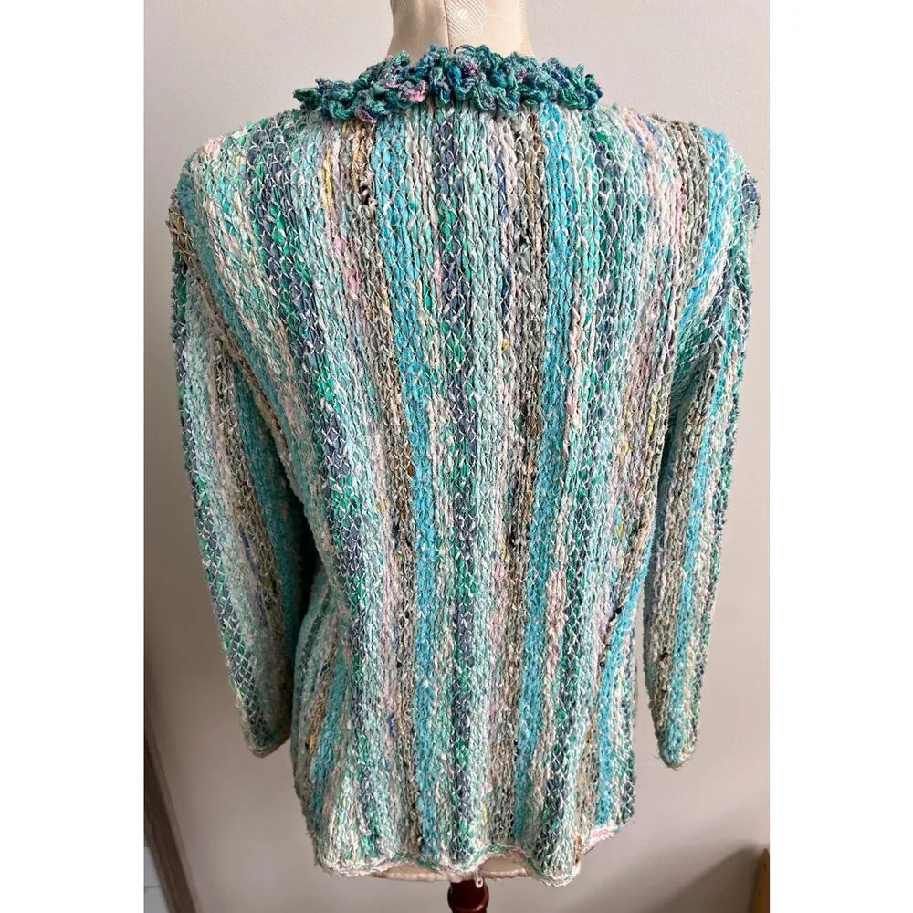 Estelle Vintage Open Front Crocheted Hand Woven Knit Cardigan Medium Blue - Image 6