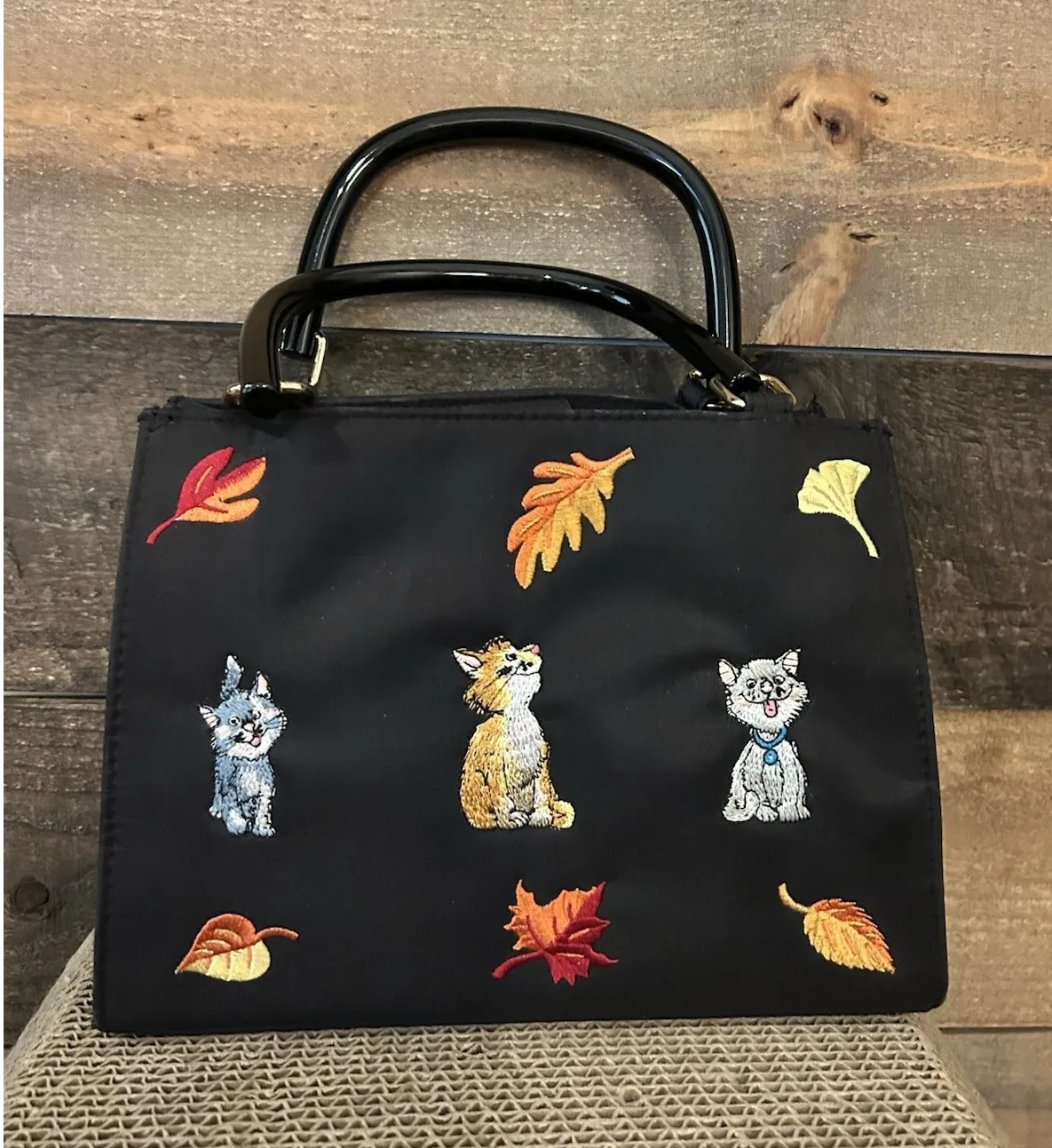 Kim Rogers Embroidered Fall Cat Novelty Black Handbag Purse - Image 1