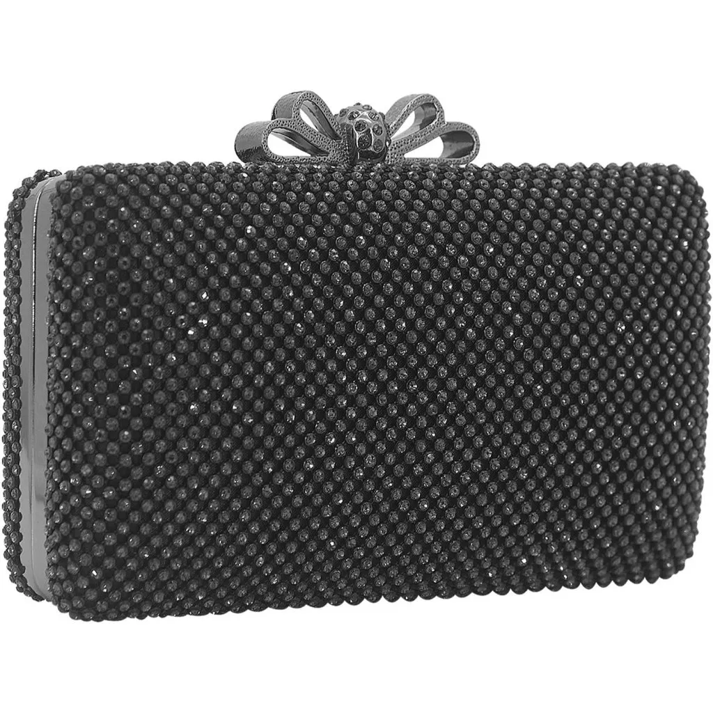 ⚡ Women's Rhinestone Crystal Bow Clasp Metal Chain Evening Black Clutch Handbag - Image 2