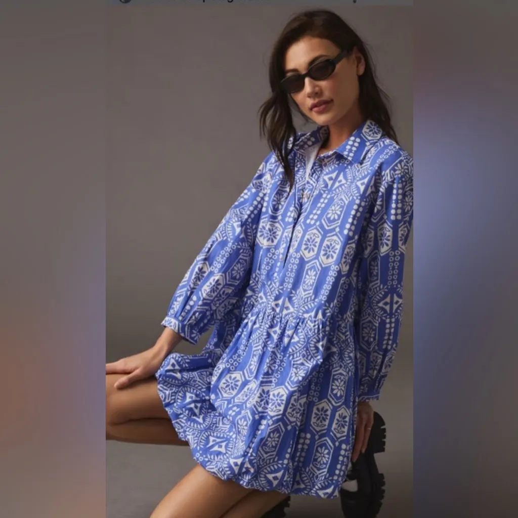 MAEVE BY ANTHROPOLOGIE bubble hem shirt dress in blue and white 1X - Image 2