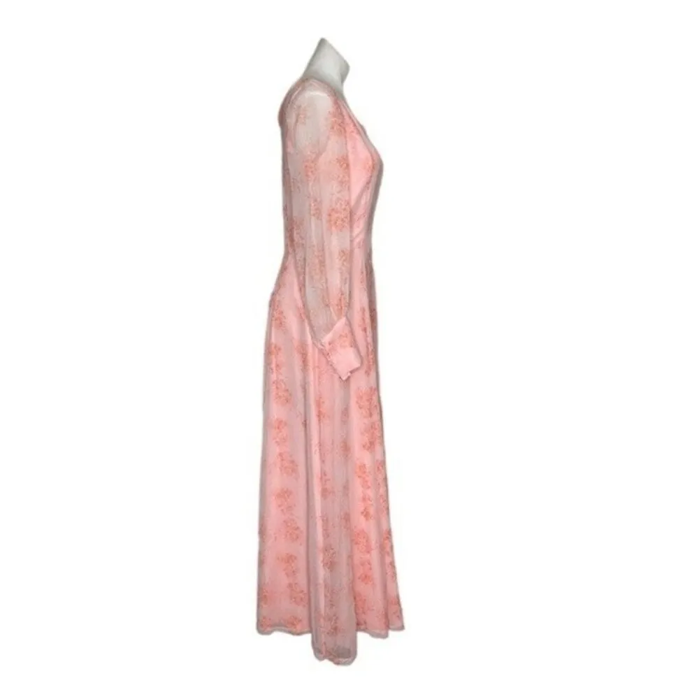 VINTAGE 70s Handmade Sheer Peach Chiffon Overlay Poet Sleeve Maxi Hostess Dress - Image 3