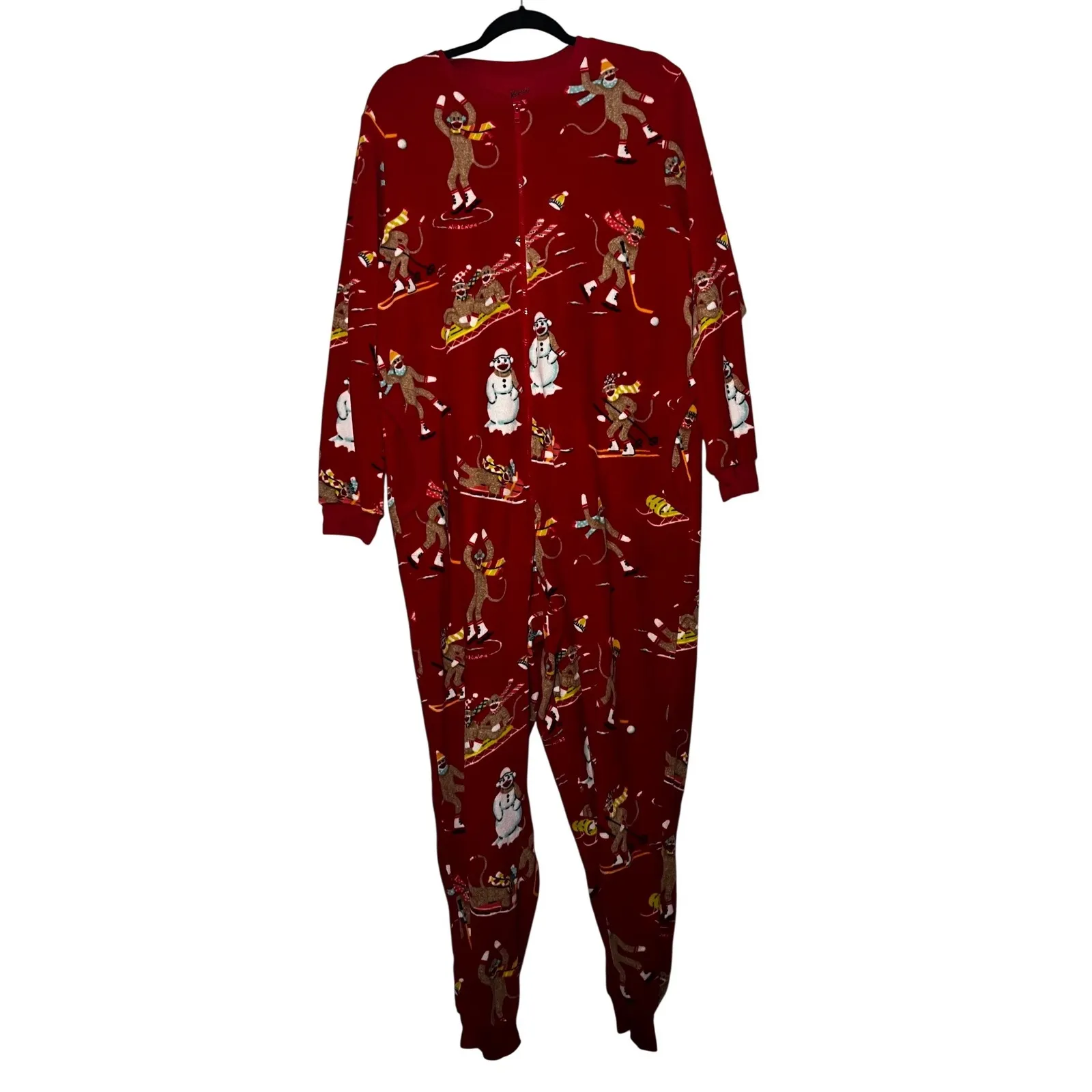 Nick & Nora One Piece Fleece Pajamas Sleepwear Red Sock Monkey Snowman Print XL - Image 2
