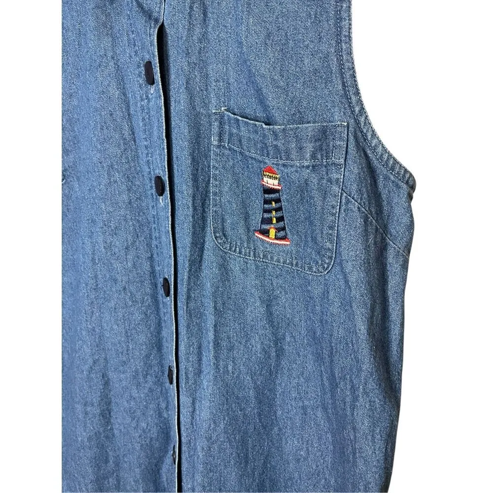Vintage Christopher & Banks Denim Maxi Dress Embroidered Nautical Lighthouse Med - Image 5