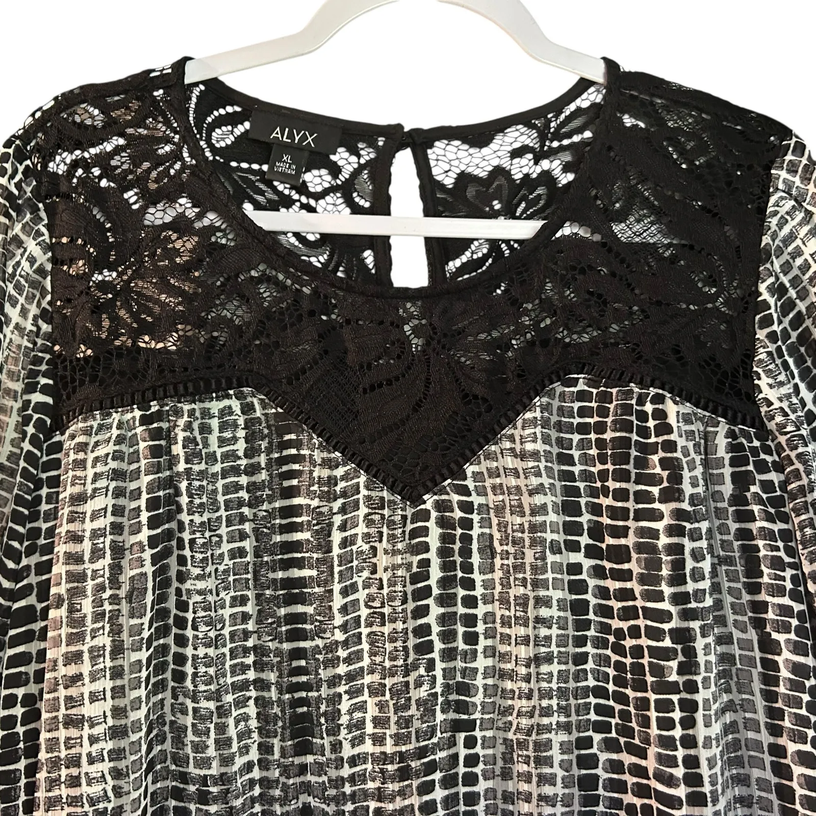 ALYX Top Tunic Blouse Black 1X Geometric Crochet Neck Long Peasant Sleeve Sheer Size XL - Image 2