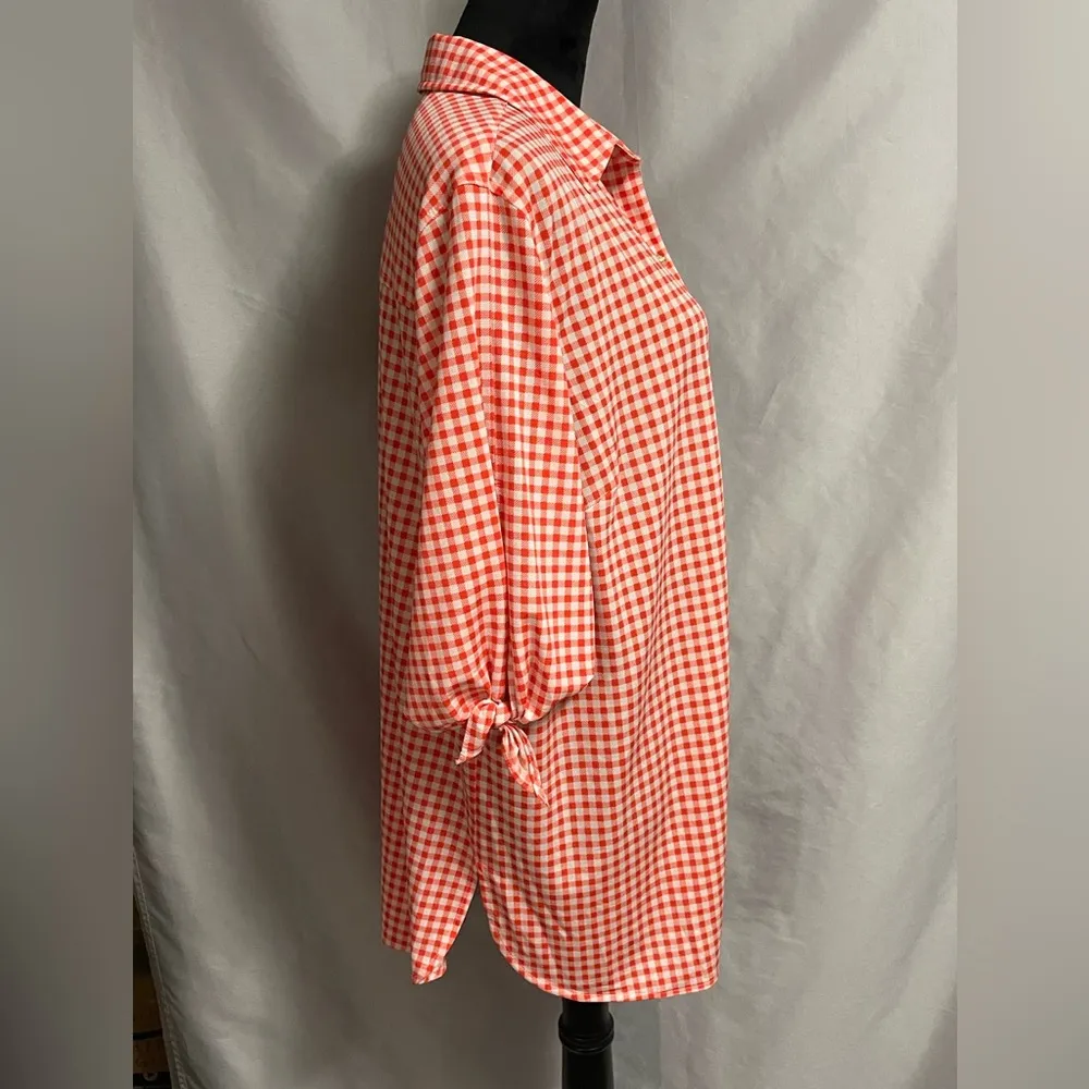Peter Nygard Women Top 2X Orange White Check Button Front Slit Sleeve Polyester - Image 3