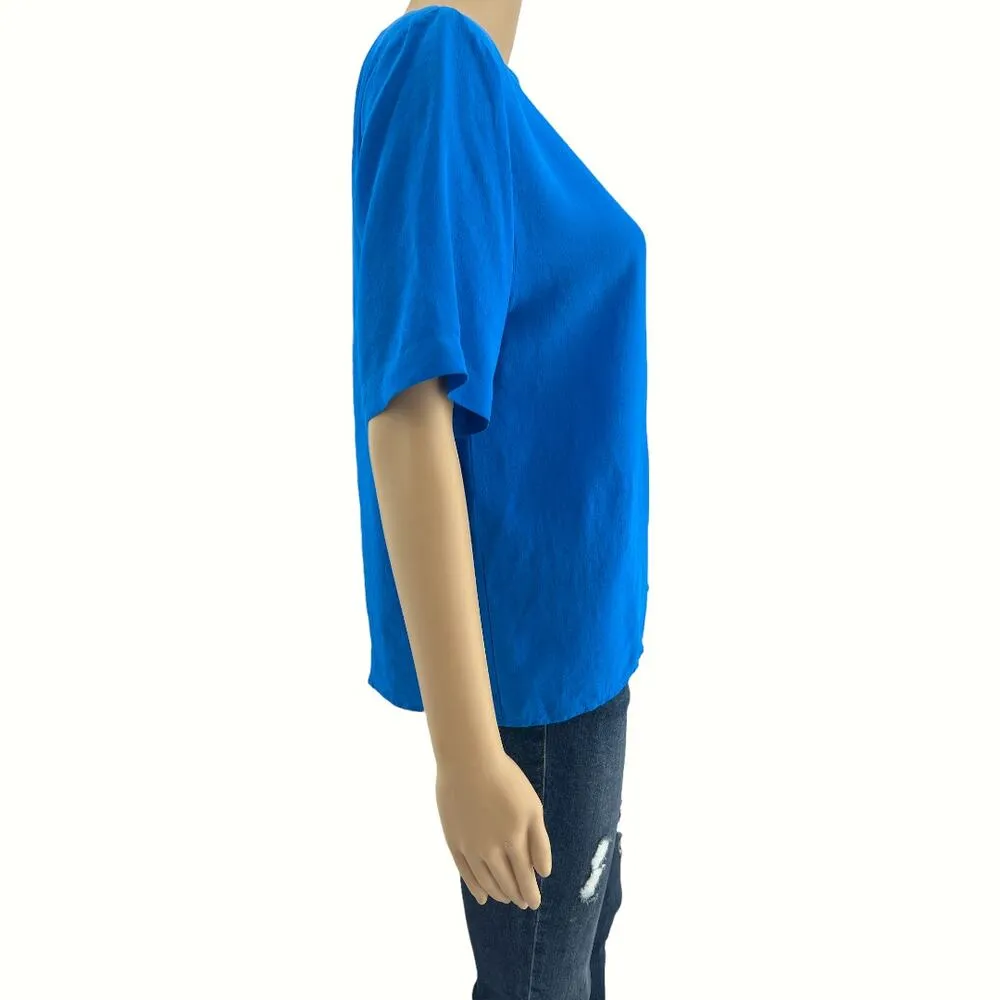 VINTAGE Christie & Jill MEDIUM Blue 100% SILK Short Sleeve Top Shirt Blouse - Image 3