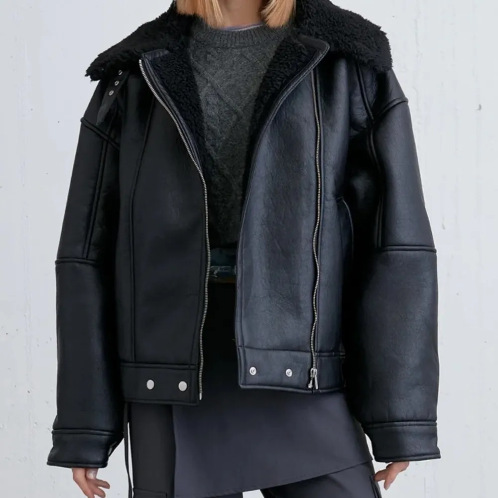 NWT oak and fort oak + fort oversized faux leather biker aviator jacket coat xxs - Image 2