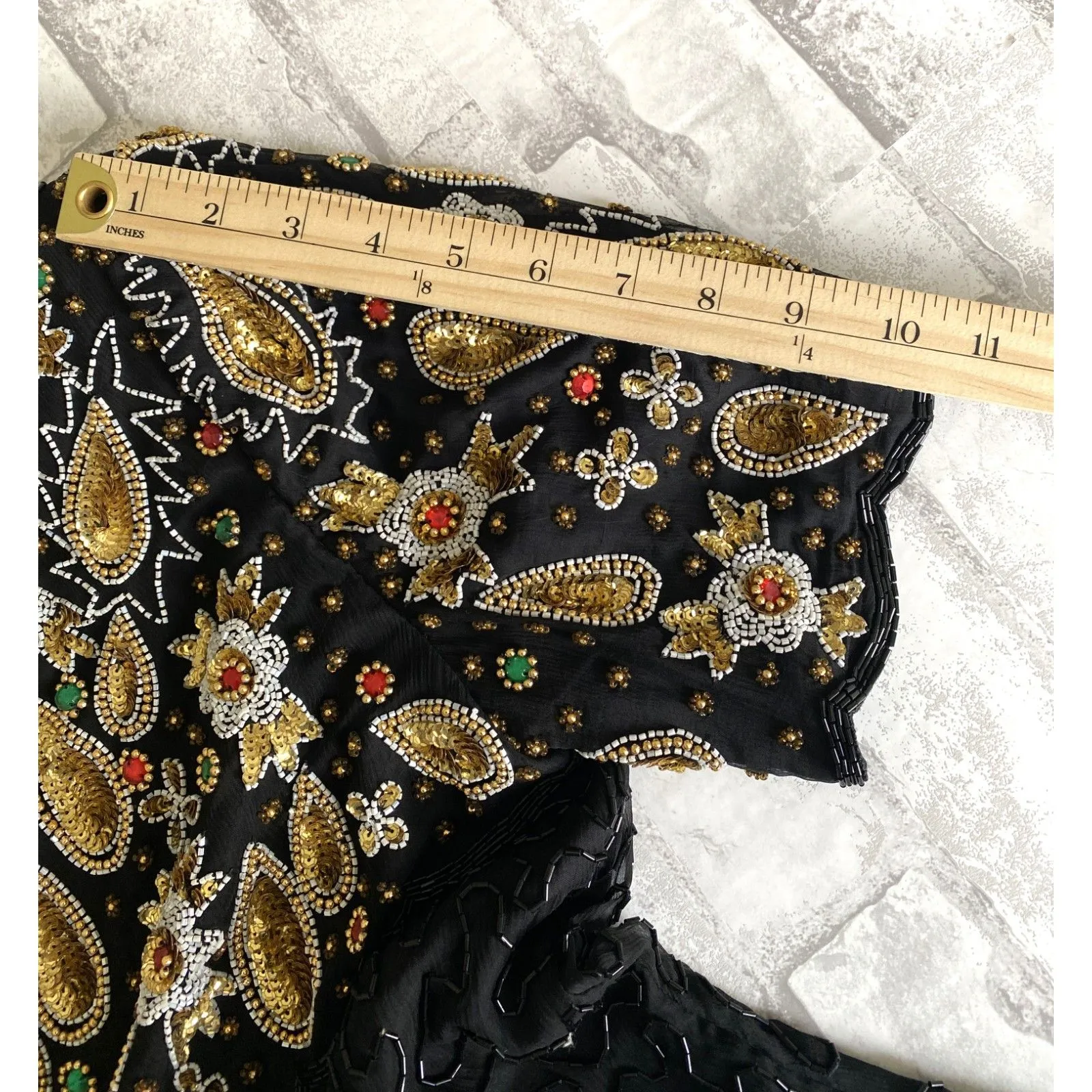 VTG Laurence Kazar Silk Beaded Shoulder Pad Short Sleeve Blouse Old Money Sz L - Image 8