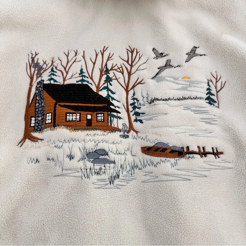 Vintage Cabela’s Cream Fleece Hooded Jacket with Cozy Cabin Embroidery - Image 9