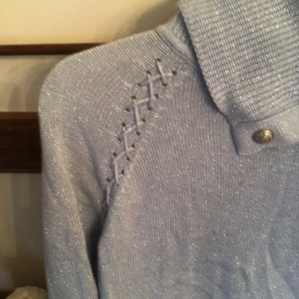 WHBM Light Blue Metallic knit Snap Cowl Neck Sweater lace accent sz xs - Image 5