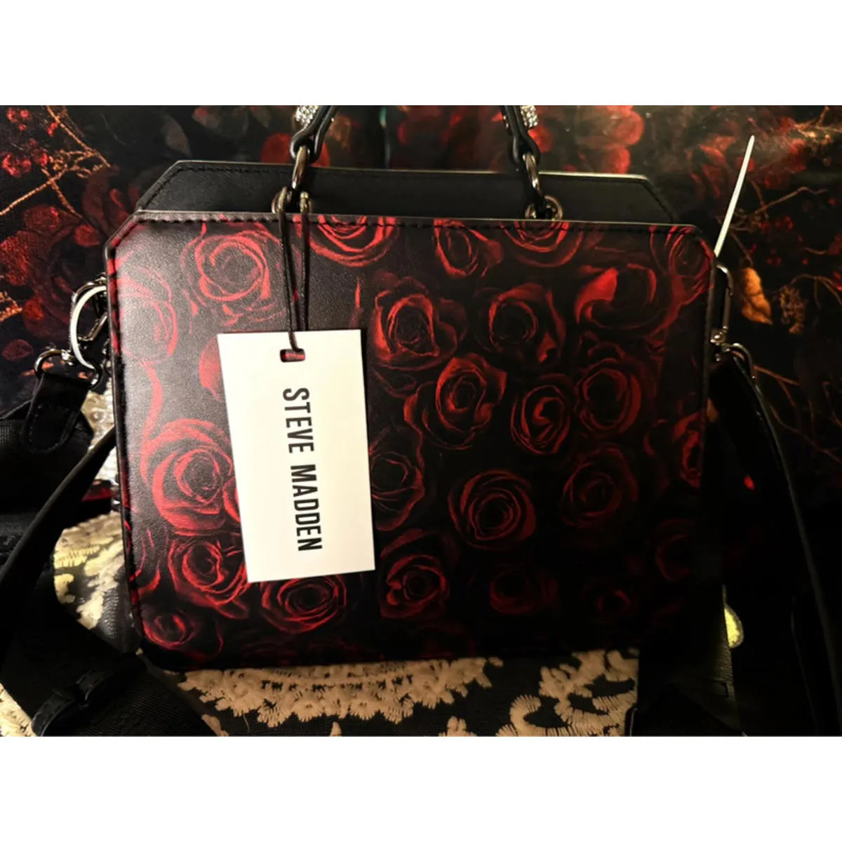 Steve Madden Rose Print Satchel Crossbody Bag Black Red Pearl Chain NWT - Image 5