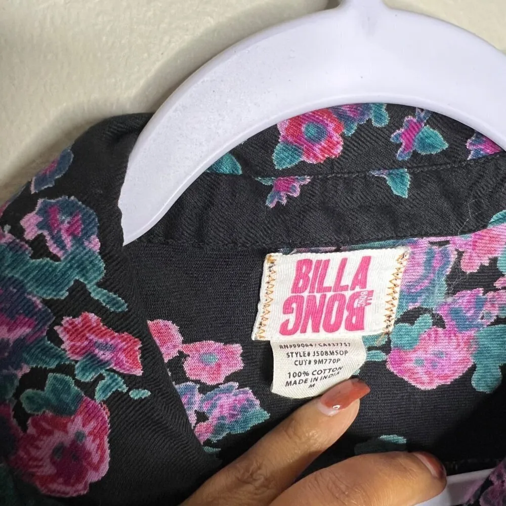 Billabong Women's Floral Button-Up Shirt Size S 100% Cotton Black‎ & Pink - Image 2