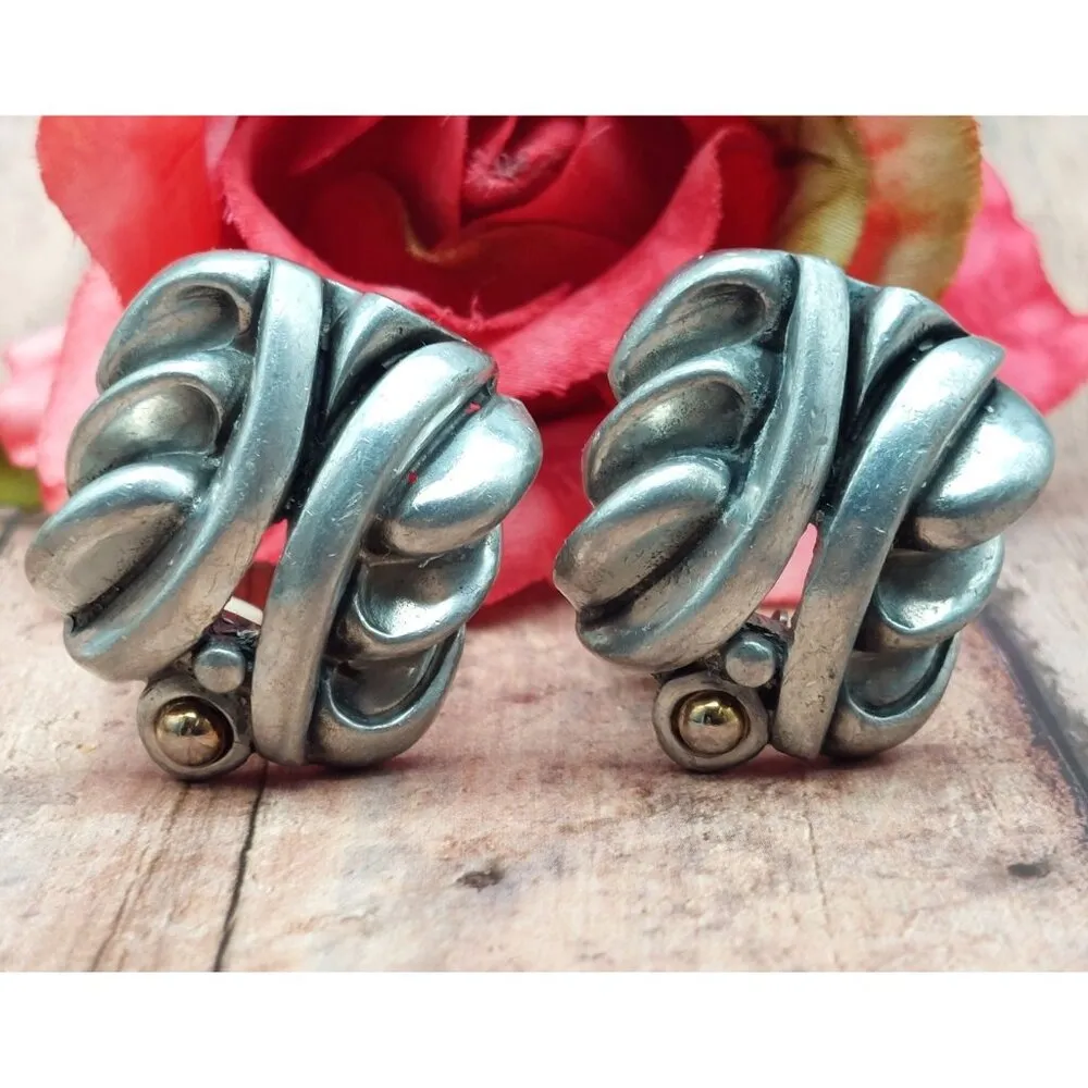 Vintage Earrings Clip On 80's Runway Sculptural Modernist Silver Tone Chunky - Image 5
