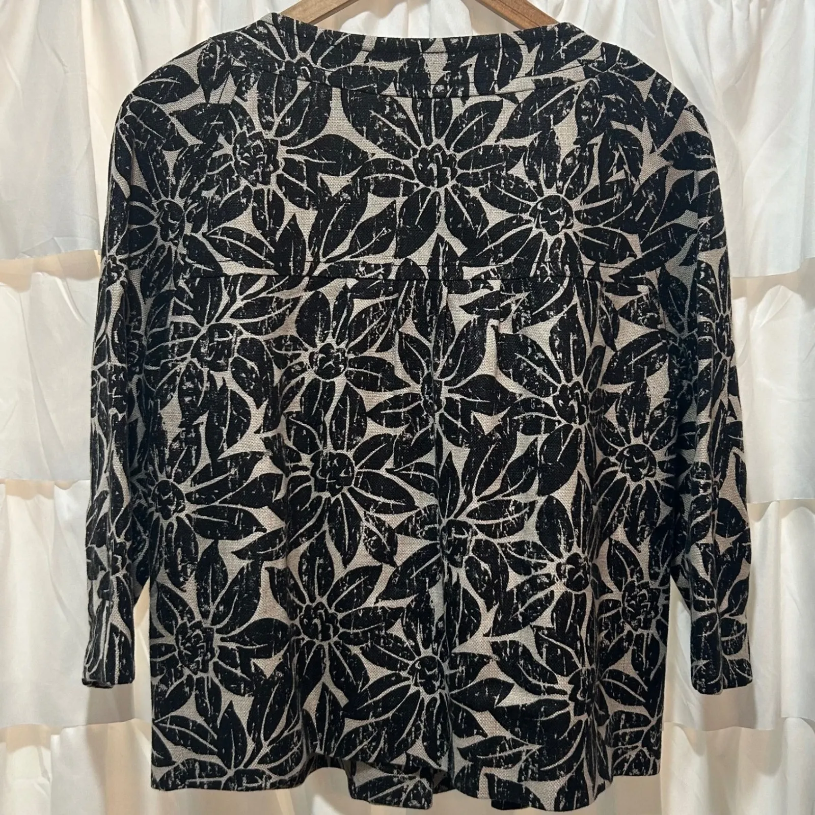 Michael Kors Linen Blend Floral Print Blazer Jacket Women Large Black Beige - Image 3