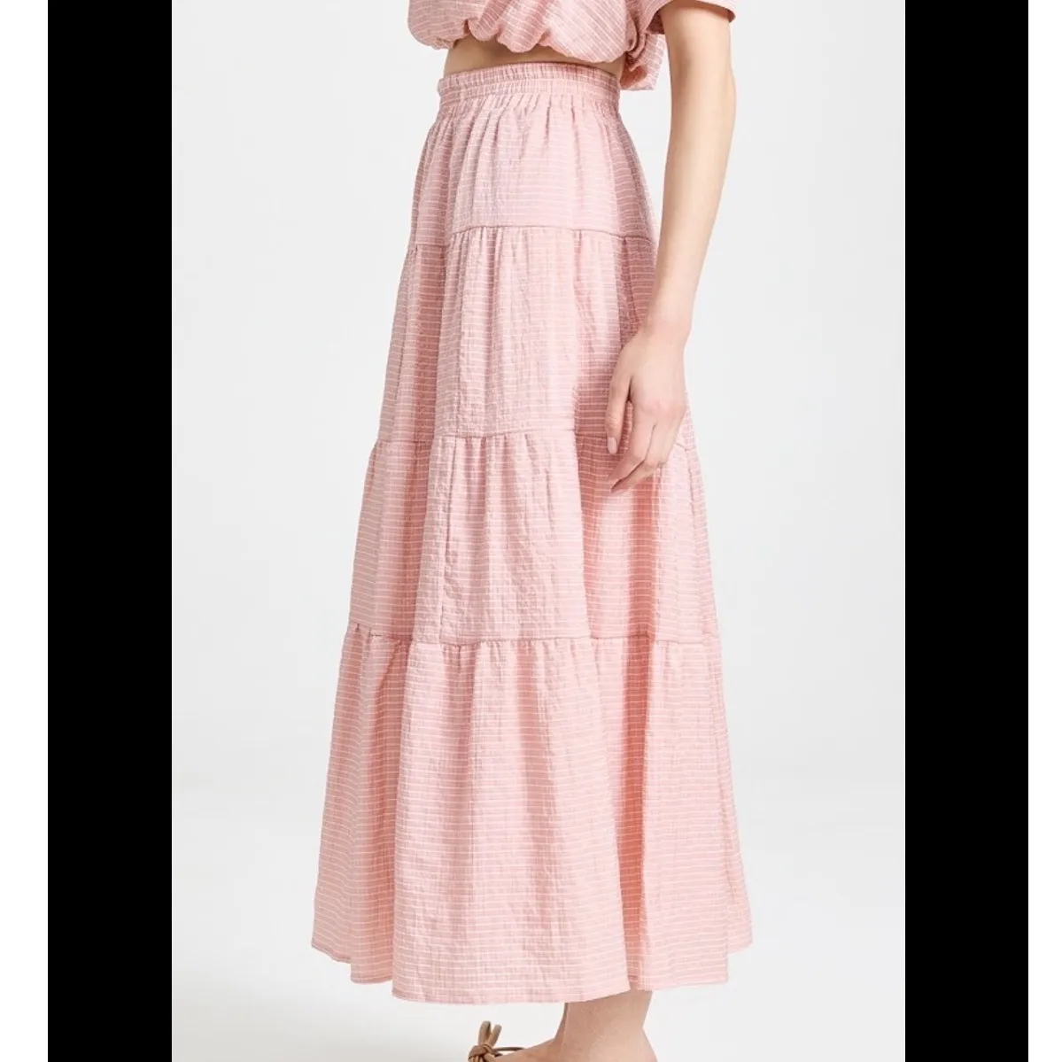 EN SAISON | Peach Pink Sparkle Tiered Boho Feminine Stripe Midi Skirt, Size S - Image 3
