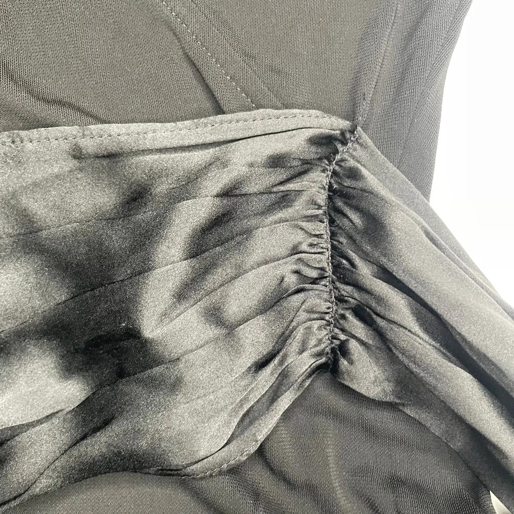 Black Long Sleeve Faux Wrap Dress Satin Tie Waist Cocktail Midi Small - Image 7