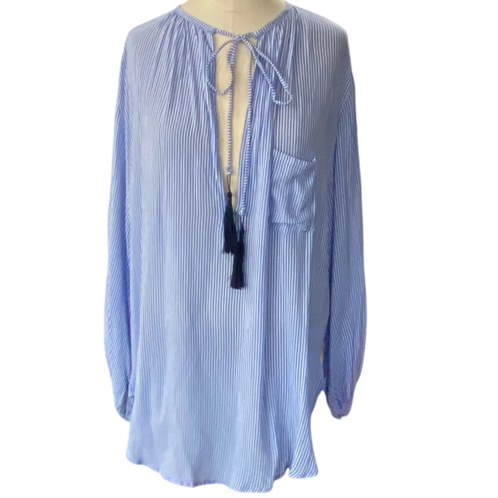 Faithfull The Brand Alice Blue & White Bohemian Tassel Blouse Size small - Image 2