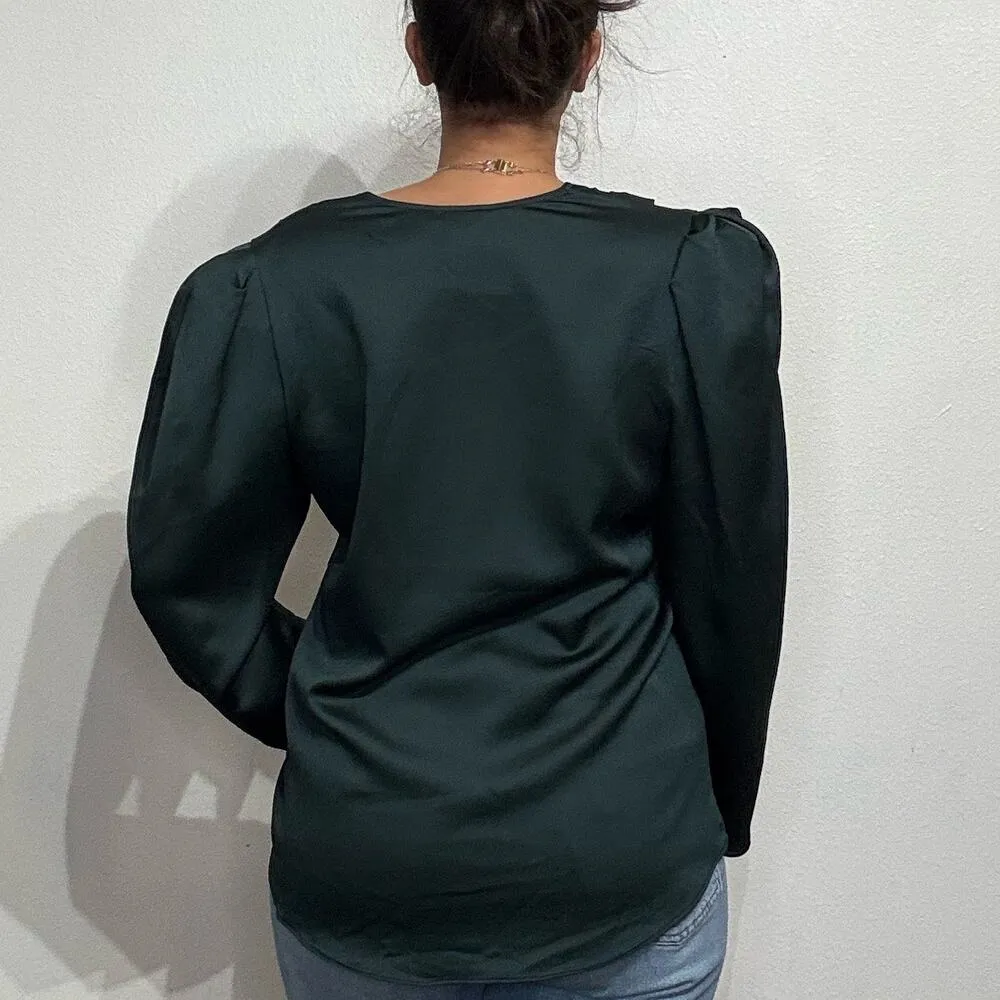 EXPRESS  Green Long Sleeve Faux Wrap Blouse Sz L - Image 9