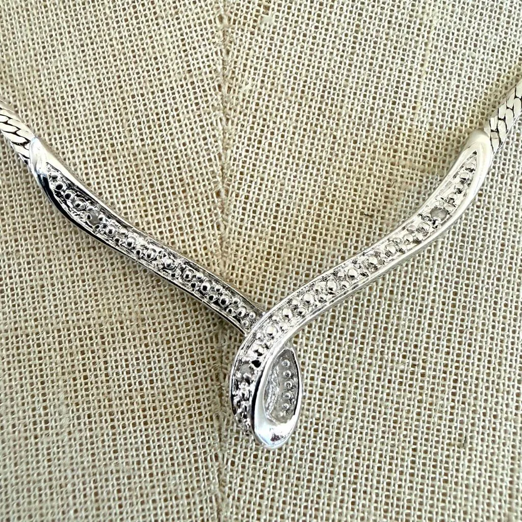 Silver Tone CZ Pavé Y Necklace Herringbone Chain - Image 2