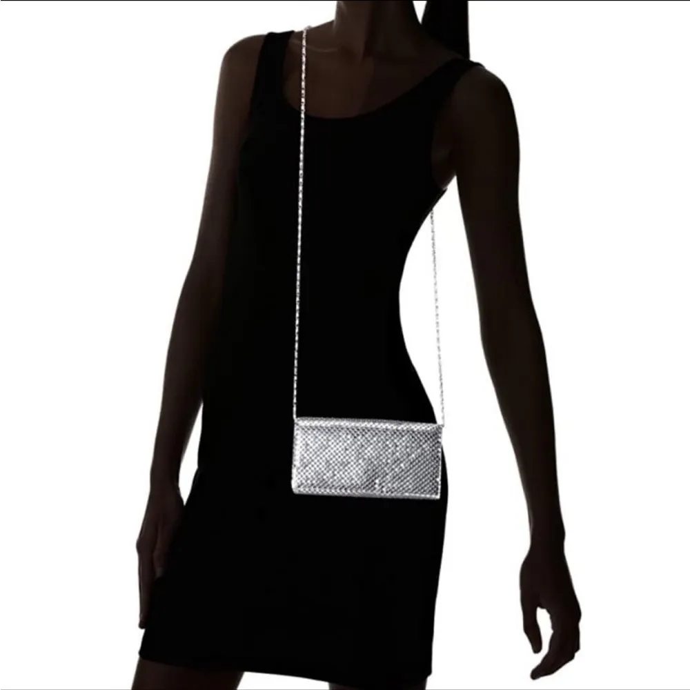 Jessica McClintock Metal Mesh Roll Bag Clutch Purse Crossbody Silver Chain - Image 2