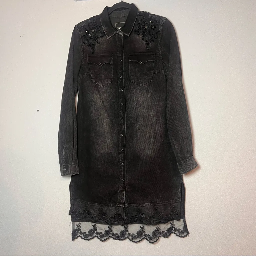 Black Denim Look Mini Dress Embellished Beaded Button Front Lace Size Medium - Image 7
