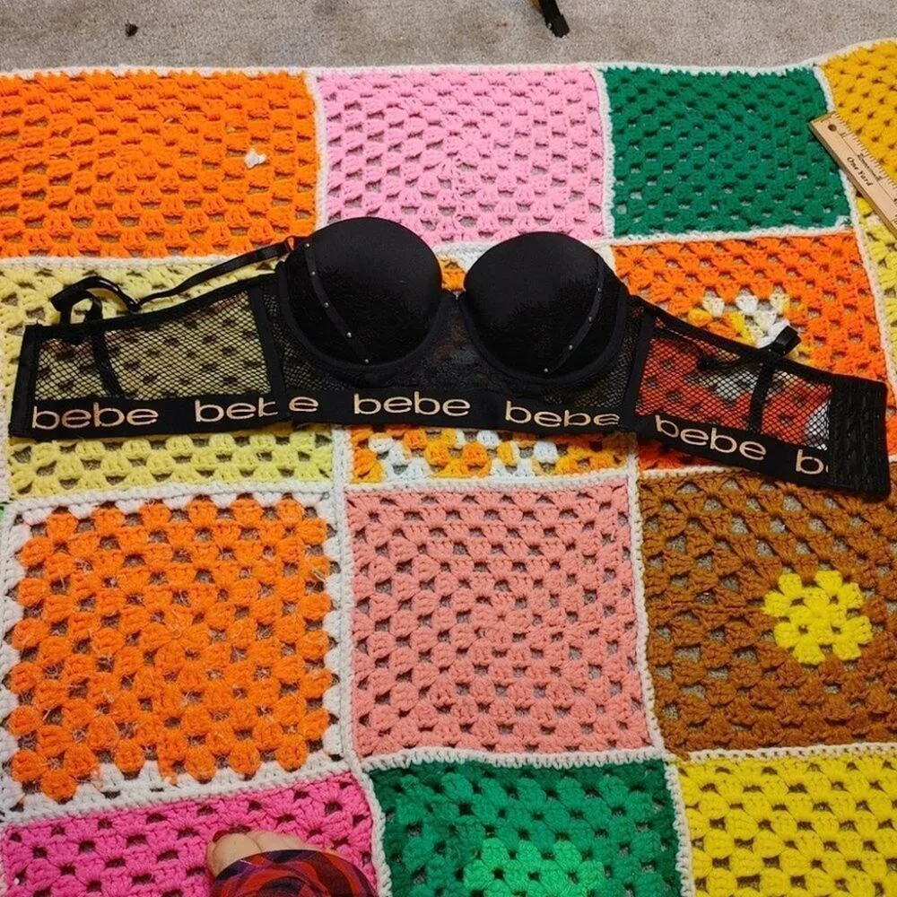 Bebe Intimates 34C Black Bra Gold Lace Goth Sexy Webbed Back Punk Knit Back - Image 2