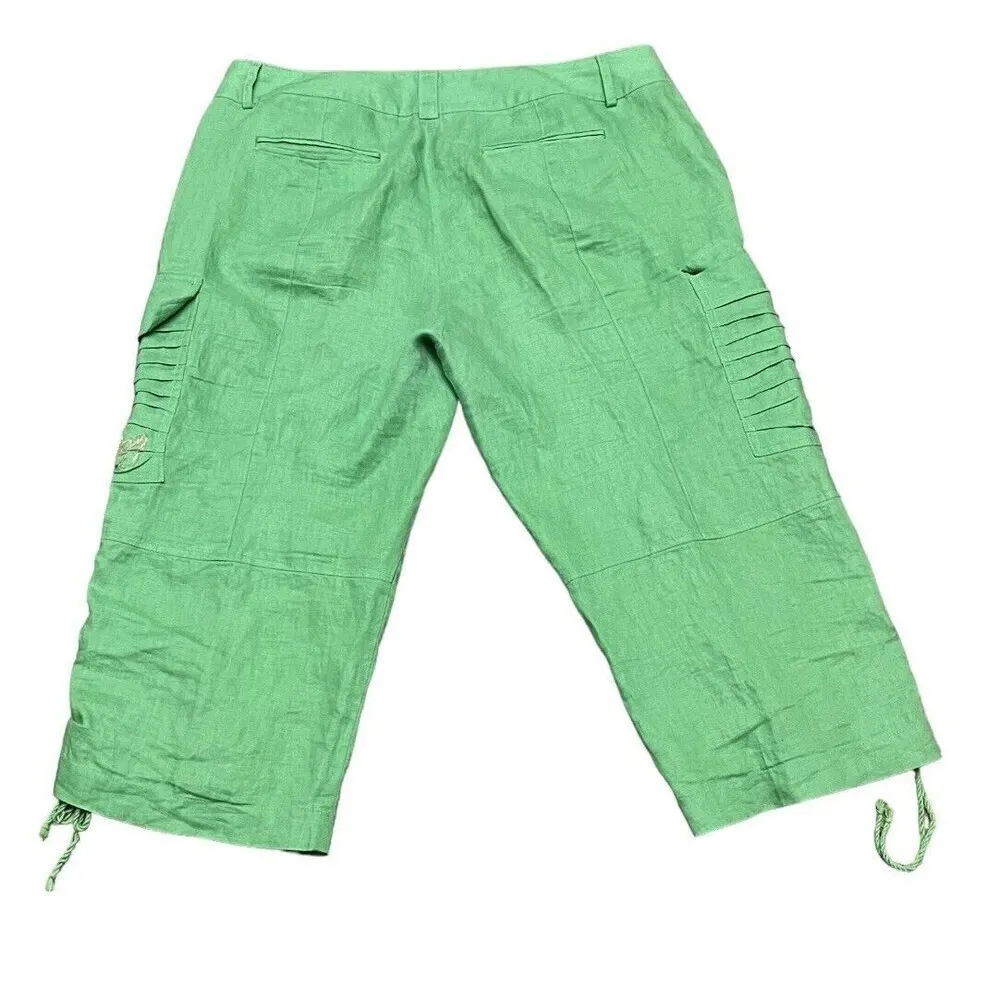 gianni bini Green Linen Embroidered Midnrise Wide Leg Cropped Pant Green 10 - Image 2