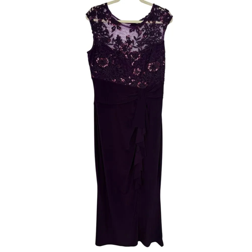 Marina Evening Gown Women 12 Eggplant Purple Mesh Lace Sequins Floral Front Slit - Image 3
