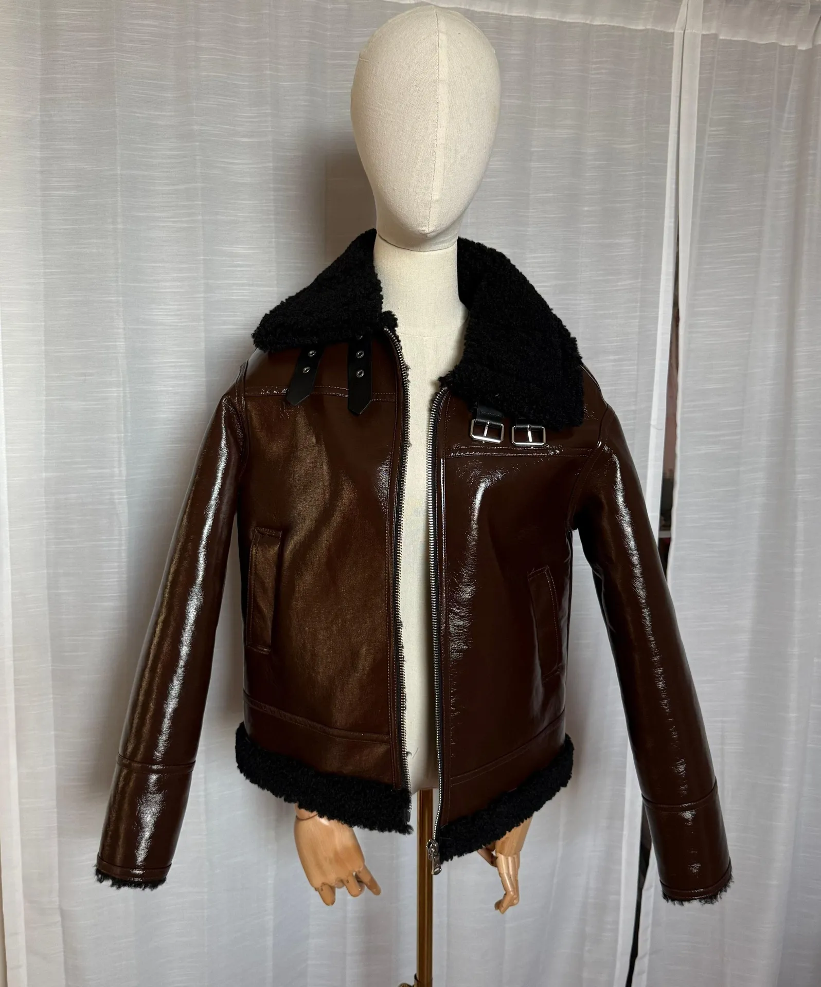 Glossy Vegan Leather Shearling Jacket - Image 2